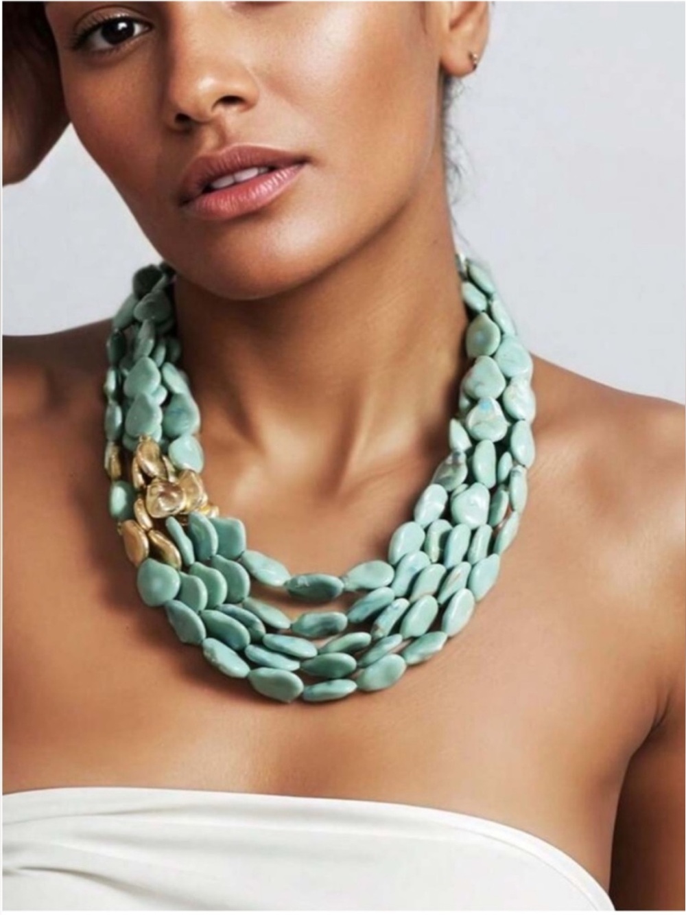 New! Coastal Boho Turquoise Pebble Stacked Statement Necklace NWOT (3029)